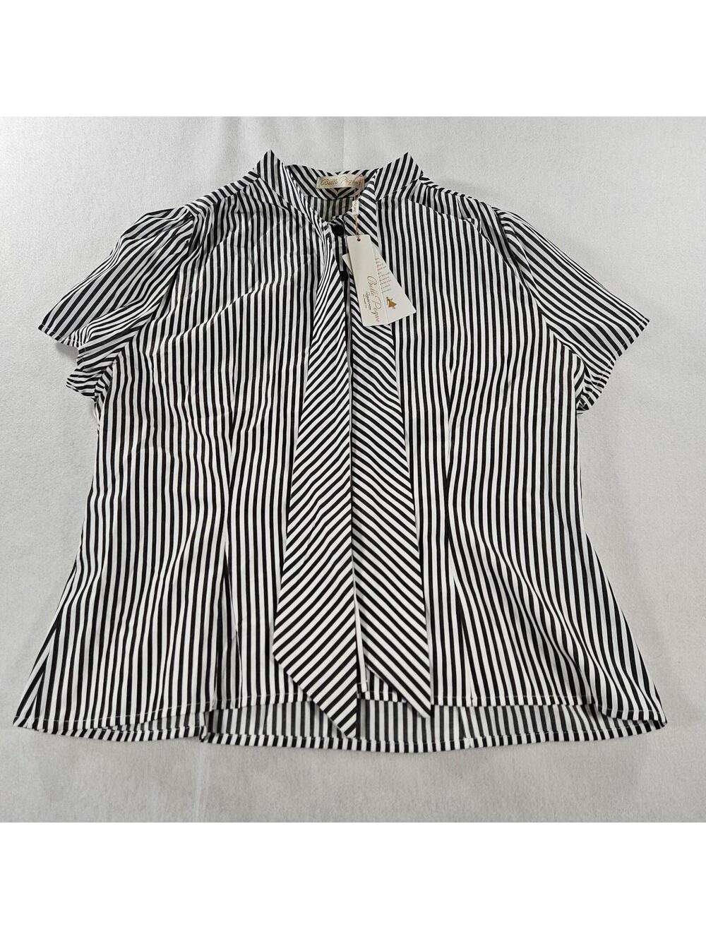 Belle Poque Striped Bow Tie Blouse NWT Large Black White Retro Short Sleeve NWT